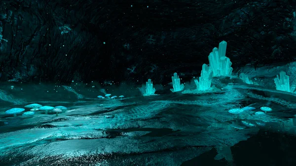 Rendering Una Grotta Cristallo Fantascientifica Funghi Magici Nel Buio — Foto Stock