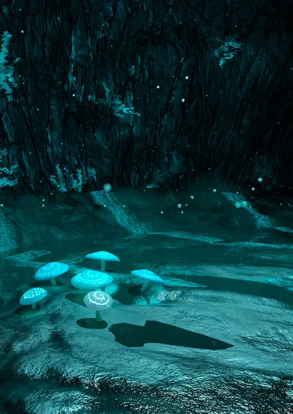 Boyutlu Bir Bilim Kurgu Kristal Mağarası Karanlıkta Sihirli Mantarlar — Stok fotoğraf