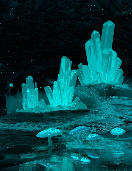 Renderização Uma Caverna Cristal Ficção Científica Cogumelos Mágicos Escuridão — Fotografia de Stock