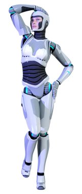 Beyaz arka planda izole edilmiş bir kadın robotun 3 boyutlu canlandırması