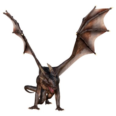 Beyaz arka planda izole edilmiş bir fantezi ejderhanın 3 boyutlu canlandırması