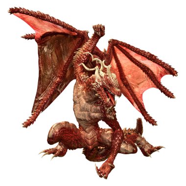 Beyaz arka planda izole edilmiş bir fantezi ejderhanın 3 boyutlu canlandırması