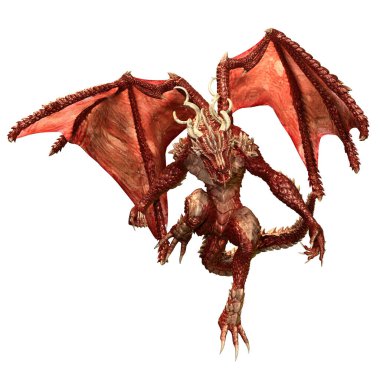 Beyaz arka planda izole edilmiş bir fantezi ejderhanın 3 boyutlu canlandırması