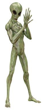 Beyaz arka planda izole edilmiş yeşil bir uzaylının 3 boyutlu görüntüsü