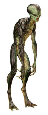 Beyaz arka planda izole edilmiş yeşil bir uzaylının 3 boyutlu görüntüsü