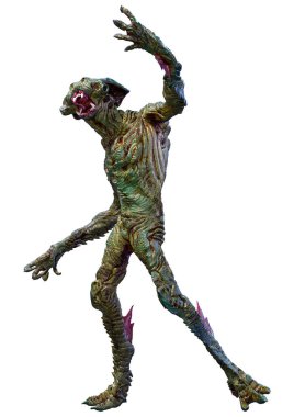 Beyaz arka planda izole edilmiş yeşil bir uzaylının 3 boyutlu görüntüsü