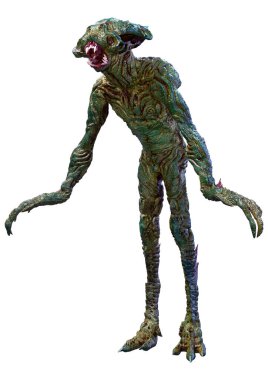 Beyaz arka planda izole edilmiş yeşil bir uzaylının 3 boyutlu görüntüsü