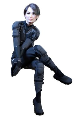 Beyaz arka planda izole edilmiş bir bilim kurgu savaşçısı kadının 3 boyutlu görüntüsü