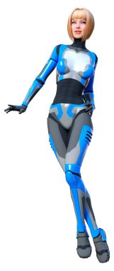 Beyaz arka planda izole edilmiş bir kadın robotun 3 boyutlu canlandırması