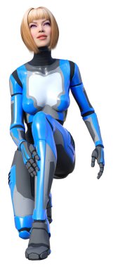 Beyaz arka planda izole edilmiş bir kadın robotun 3 boyutlu canlandırması