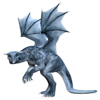 Beyaz arka planda izole edilmiş bir fantezi ejderhanın 3 boyutlu canlandırması