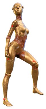 Beyaz arka planda izole edilmiş bir kadın robotun 3 boyutlu canlandırması