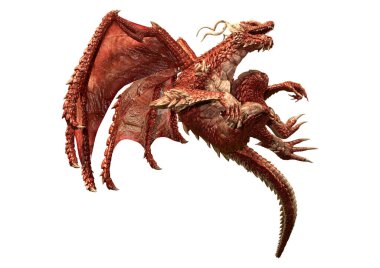 Beyaz arka planda izole edilmiş bir fantezi ejderhanın 3 boyutlu canlandırması