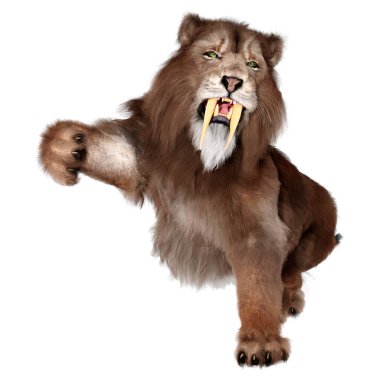 Kılıç dişli kaplanın 3 boyutlu görüntüsü beyaz arkaplanda izole edilmiş.