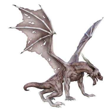 Beyaz arka planda izole edilmiş bir fantezi ejderhanın 3 boyutlu canlandırması