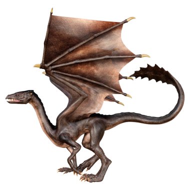 Beyaz arka planda izole edilmiş bir fantezi ejderhanın 3 boyutlu canlandırması