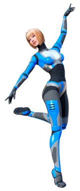 Beyaz arka planda izole edilmiş bir kadın robotun 3 boyutlu canlandırması