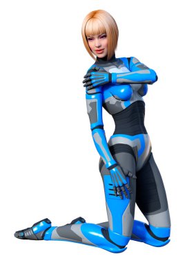 Beyaz arka planda izole edilmiş bir kadın robotun 3 boyutlu canlandırması