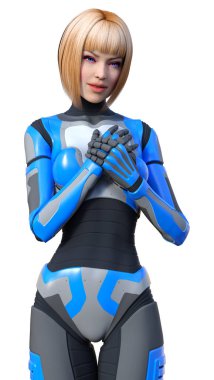 Beyaz arka planda izole edilmiş bir kadın robotun 3 boyutlu canlandırması