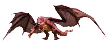 Beyaz arka planda izole edilmiş bir fantezi ejderhanın 3 boyutlu canlandırması