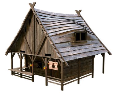 Beyaz arkaplanda izole edilmiş bir ortaçağ dükkanının 3D canlandırması