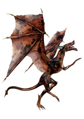 Beyaz arka planda izole edilmiş bir fantezi ejderhanın 3 boyutlu canlandırması