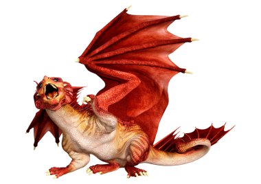 Beyaz arka planda izole edilmiş bir fantezi ejderhanın 3 boyutlu canlandırması