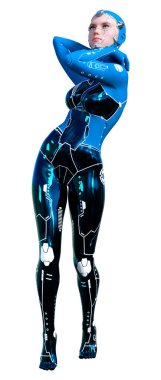 Beyaz arka planda izole edilmiş bir kadın robotun 3 boyutlu canlandırması