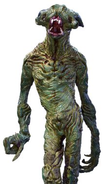 Beyaz arka planda izole edilmiş yeşil bir uzaylının 3 boyutlu görüntüsü