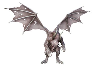 Beyaz arka planda izole edilmiş bir fantezi ejderhanın 3 boyutlu canlandırması