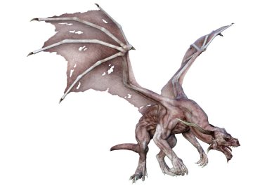 Beyaz arka planda izole edilmiş bir fantezi ejderhanın 3 boyutlu canlandırması