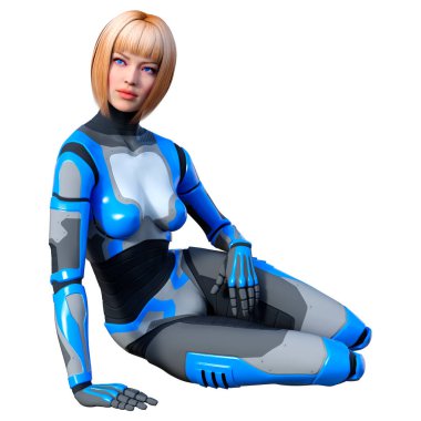 Beyaz arka planda izole edilmiş bir kadın robotun 3 boyutlu canlandırması