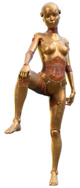 Beyaz arka planda izole edilmiş bir kadın robotun 3 boyutlu canlandırması