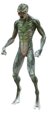 Beyaz arka planda izole edilmiş yeşil bir uzaylının 3 boyutlu görüntüsü