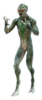 Beyaz arka planda izole edilmiş yeşil bir uzaylının 3 boyutlu görüntüsü