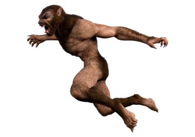 Beyaz arka planda 3 boyutlu bir kurt adam ya da Lycanthrope görüntüsü izole edilmiş.