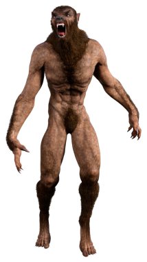 Beyaz arka planda 3 boyutlu bir kurt adam ya da Lycanthrope görüntüsü izole edilmiş.