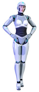 Beyaz arka planda izole edilmiş bir kadın robotun 3 boyutlu canlandırması