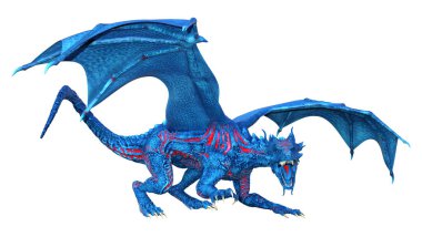 Beyaz arka planda izole edilmiş bir fantezi ejderhanın 3 boyutlu canlandırması