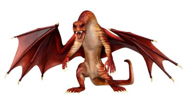 Beyaz arka planda izole edilmiş bir fantezi ejderhanın 3 boyutlu canlandırması