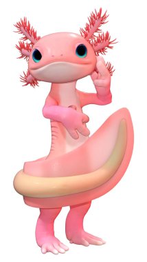 Beyaz arkaplanda izole edilmiş şirin pembe bir axolotl 'un 3 boyutlu canlandırması