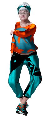 Beyaz arka planda tek başına dans eden yaşlı bir kadının 3 boyutlu görüntüsü