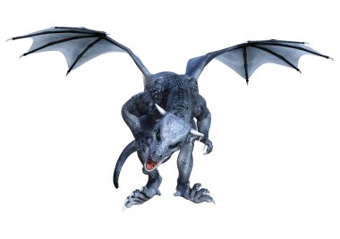 Beyaz arka planda izole edilmiş bir fantezi ejderhanın 3 boyutlu canlandırması