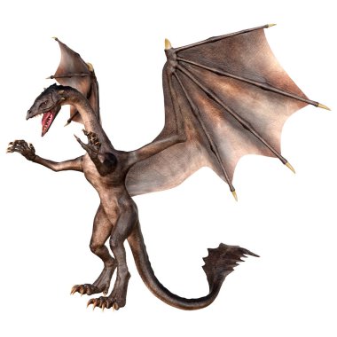 Beyaz arka planda izole edilmiş bir fantezi ejderhanın 3 boyutlu canlandırması