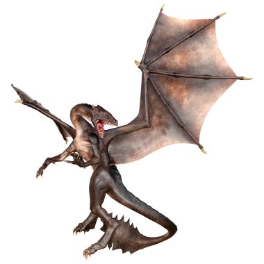 Beyaz arka planda izole edilmiş bir fantezi ejderhanın 3 boyutlu canlandırması