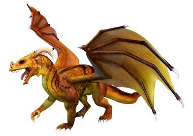 Beyaz arka planda izole edilmiş bir fantezi ejderhanın 3 boyutlu canlandırması