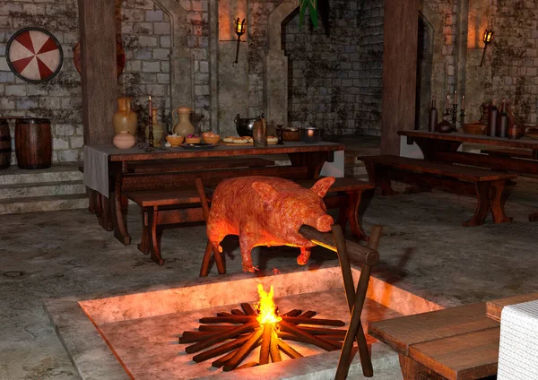 3D rendering of a medieval viking hall interior
