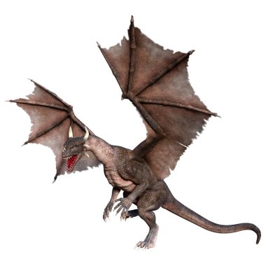 Beyaz arka planda izole edilmiş bir fantezi ejderhanın 3 boyutlu canlandırması