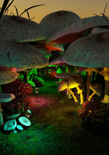 3D rendering of fairy tale mushrooms in the grass on the lawn at night