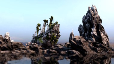 Sahildeki bir korsan gemisinin 3 boyutlu görüntüsü.